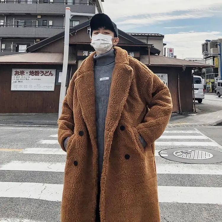 홍콩 스타일 양털 두꺼운 롱 코트 남성 겨울 골지 코트 큰 사이즈 패딩 점퍼 인터넷 스타 따뜻하게 유지