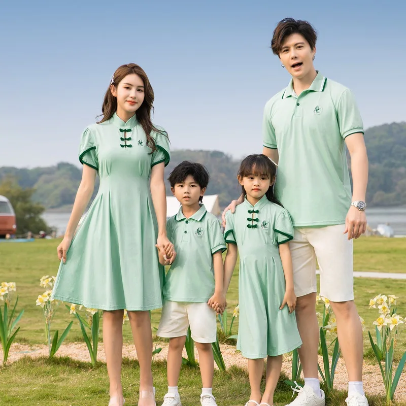 Summer Family Outfits Mum Daughter Cheongsam Dresses Dad Son T-shirt& Shorts Holiday Couple Lovers Matching Clothes