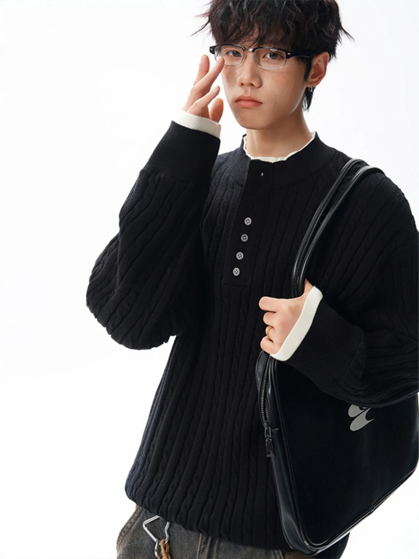 

Мужской вязаный свитер с эффектом двухслойности, осенне-зимний, с воротником хенли, базовый слой, мягкий, удобный, свободного кроя