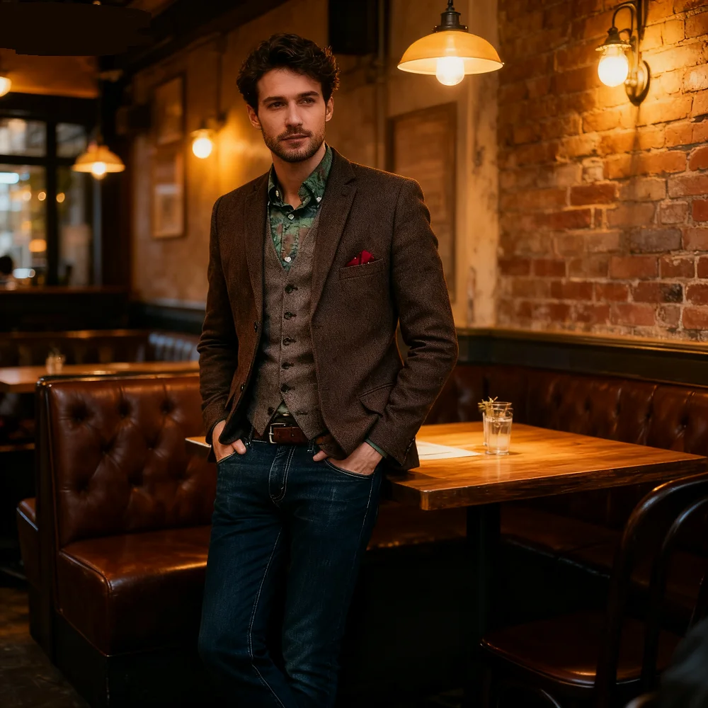 

Мужской коричневый твидовый пиджак Whalebone Sashing для танцев, твидовая шерстяная куртка на груди, уникальная деловая или домашняя куртка с двумя пуговицами