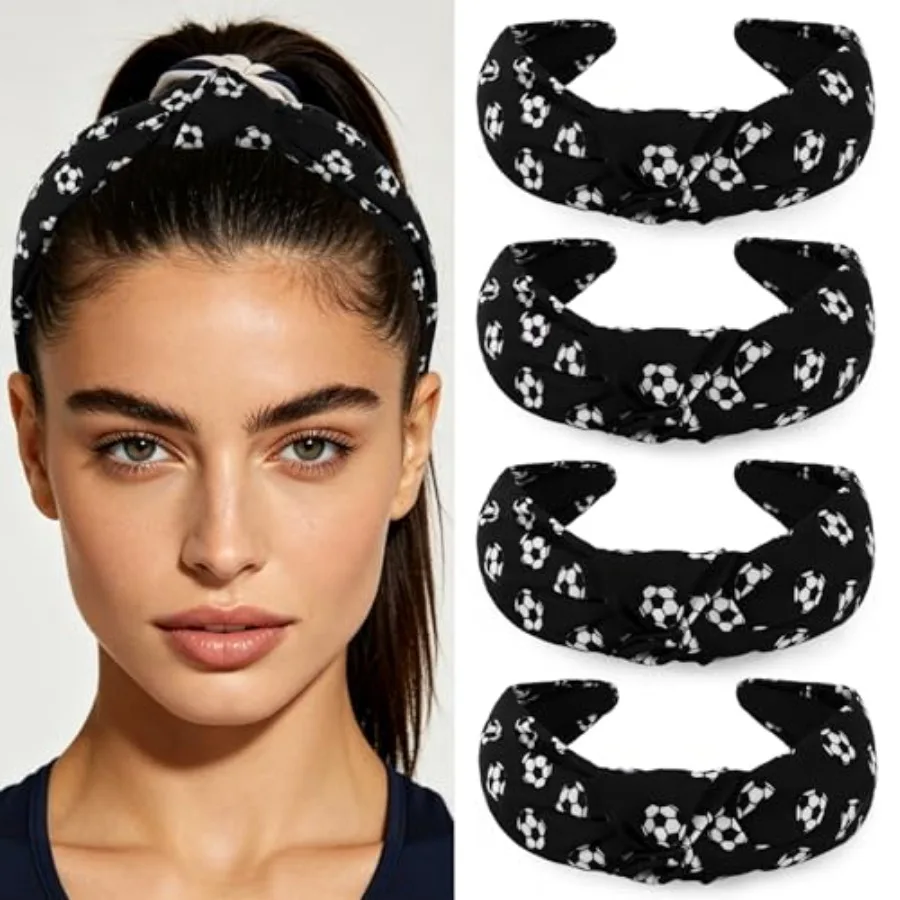 

4 Pack Soccer Ball Knotted Headbands, Non-Slip Sports Fabric Hair Wraps, Black Base Football Printed Wide Turban Headbands for