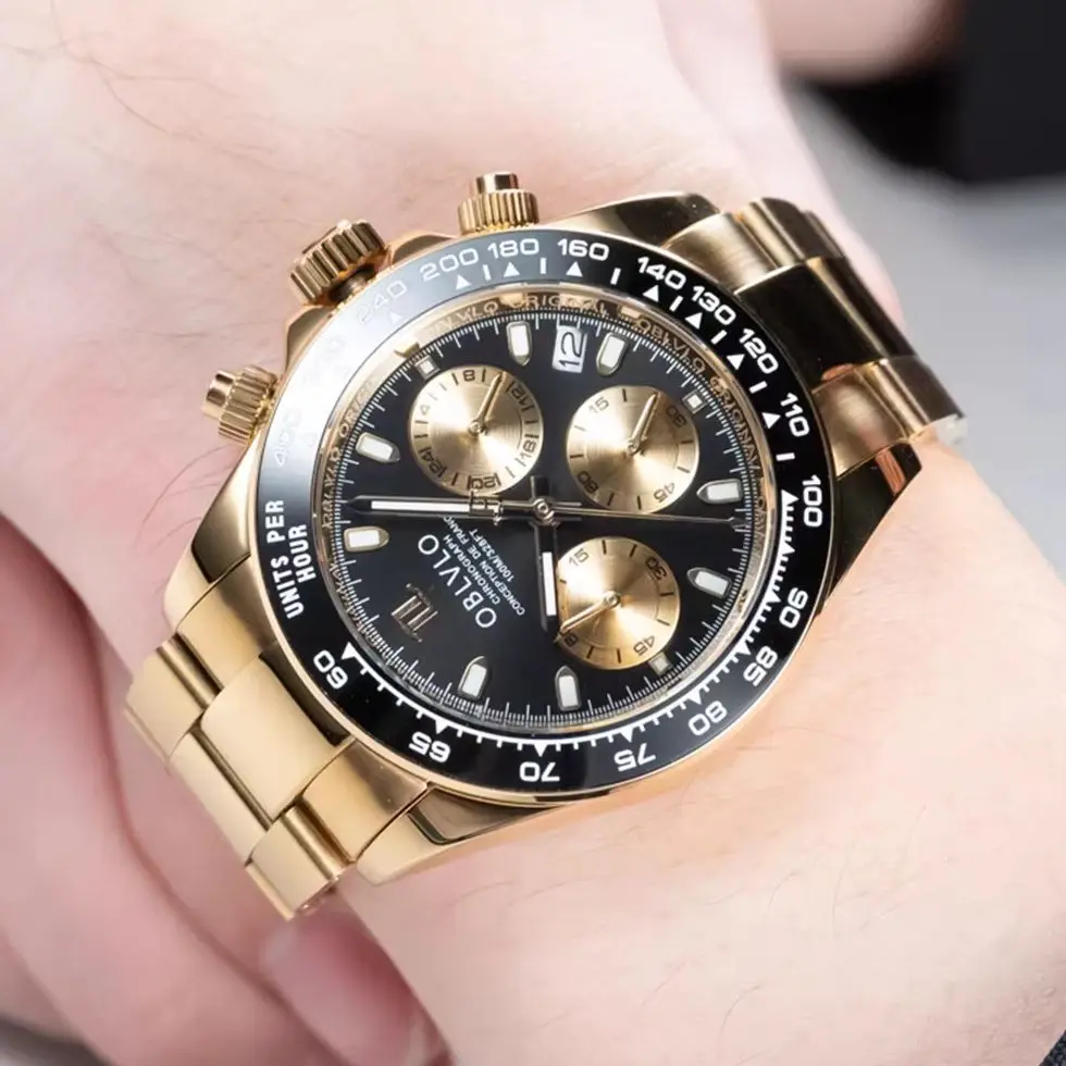OBLVLO Men Chronograph Watch Pilot 40mm Quartz Wristwatch 50M Waterproof Sapphire Luminous VK63 Mov Ceramic Bezel
