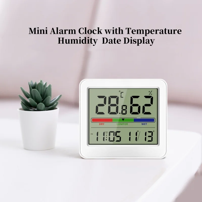 Battery Powered Mini Digital Alarm Clock With Temperature Humidity Display 12/24H Wall-Mounted LCD Table Clock CR2032 Included