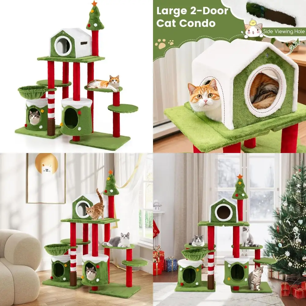 

58 Multi-Level Christmas Cat Tree with 3 Condos, Self-Groomer, Basket, and Anti-Tipping Kit