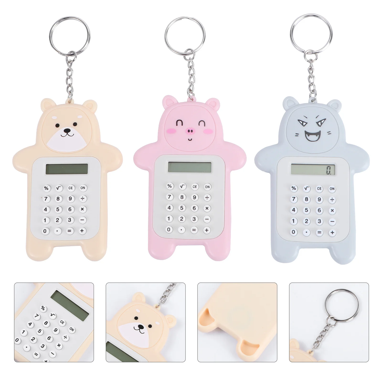 3 قطعة على شكل دب صغير آلة حاسبة إلكترونية سلسلة مفاتيح محمولة قلادة للمكتب أداة إلكترونية أزرار بلاستيكية عملية