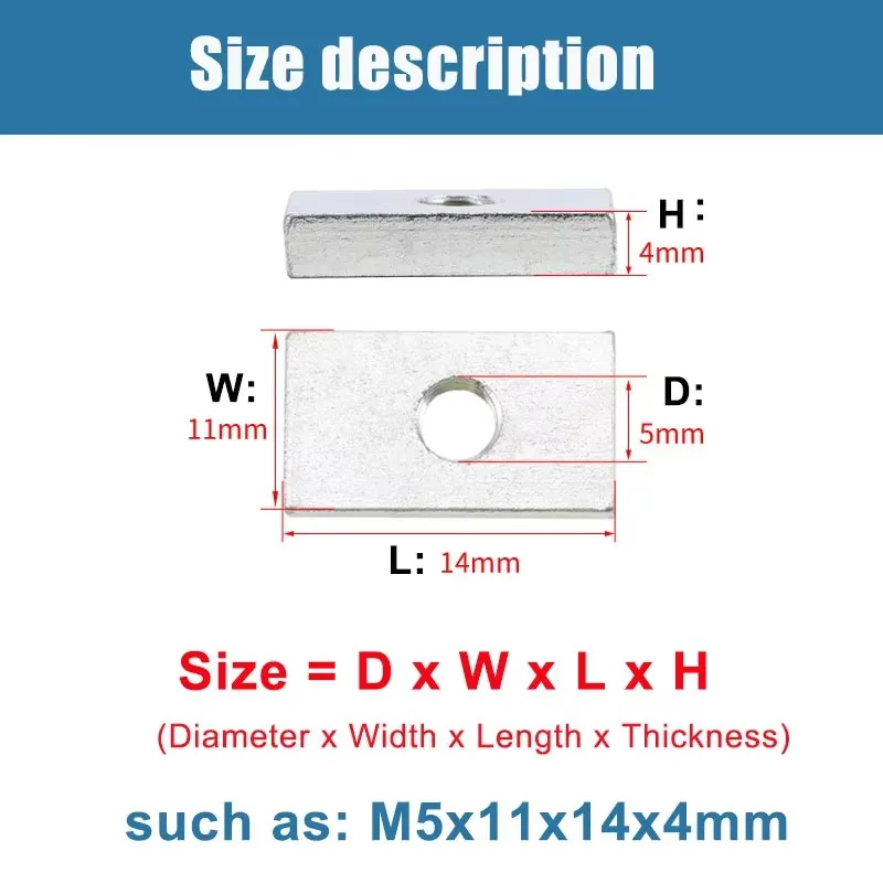 2~50Pcs Square Nut Zinc-Plated Carbon Steel Thin Rectangular Nuts M3 M4 M5 M6 M8 Slider Block For Aluminum Profile Accessory