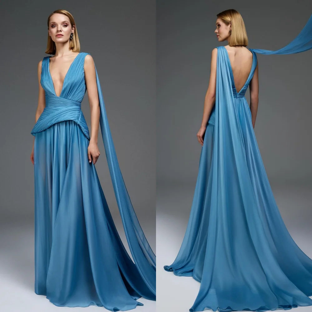 

Customized High Quality Evening Dress Bespoke Occasion Pleat V-neck Backless A-line Long Dresses Elegant Prom Party Gown