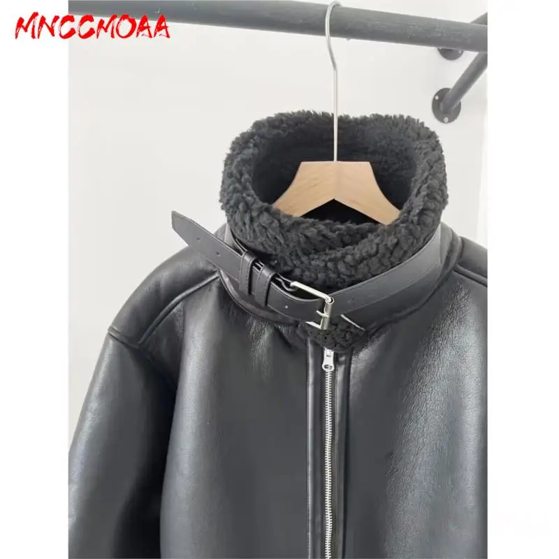 MNCCMOAA-Women\'s Faux Leather Jacket, Long Sleeve Coat, Loose Stand Collar, Zip, Warm Outwear, Casual Fashion, Winter, 2024