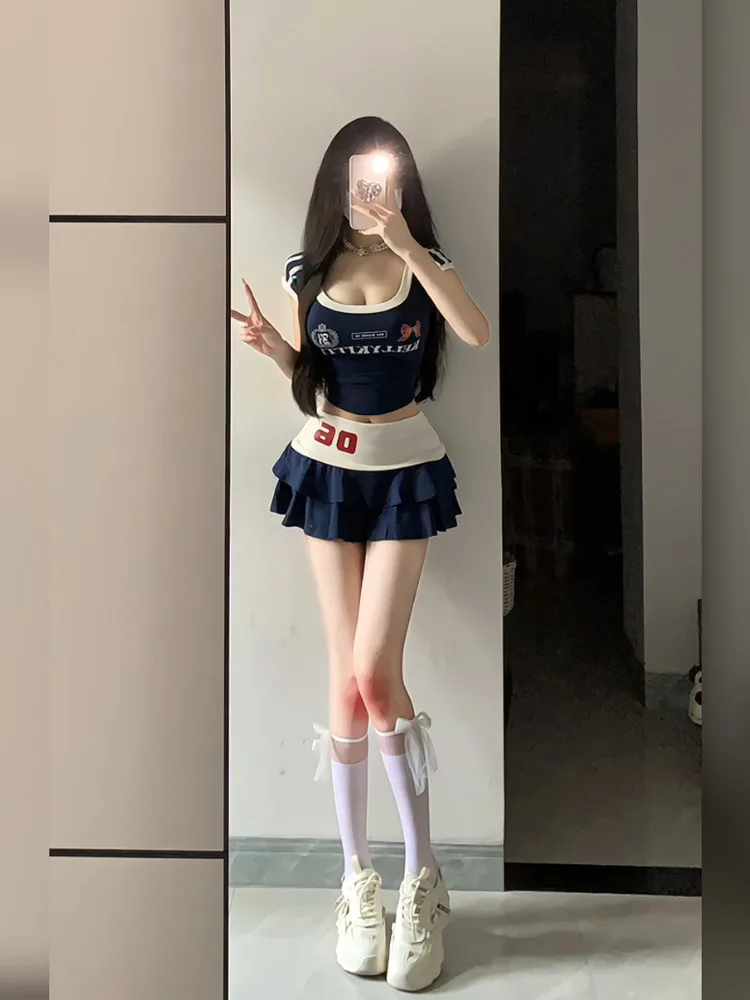 Slimming Effect American Retro Color Block Short Sleeve T-Shirt Top Women Summer Sexy A-Line  Skirt Sportswear Set