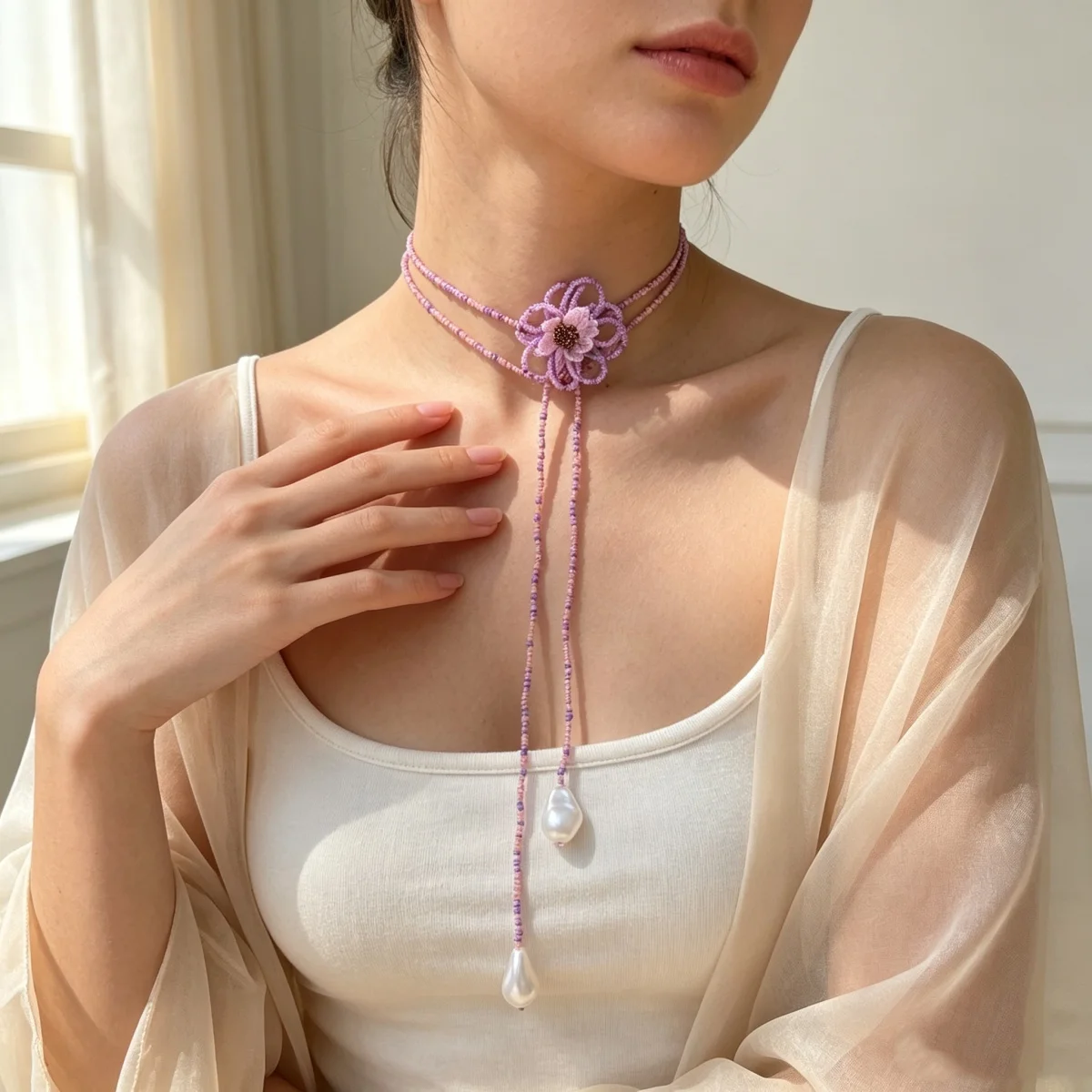 Böhmische handgefertigte Halskette mit gewebten Reisperlen und Blumenmuster für Damen, barocke Kunstperlen-Quastenkette, lange Pulloverkette, Schmuckstück – Detail 11