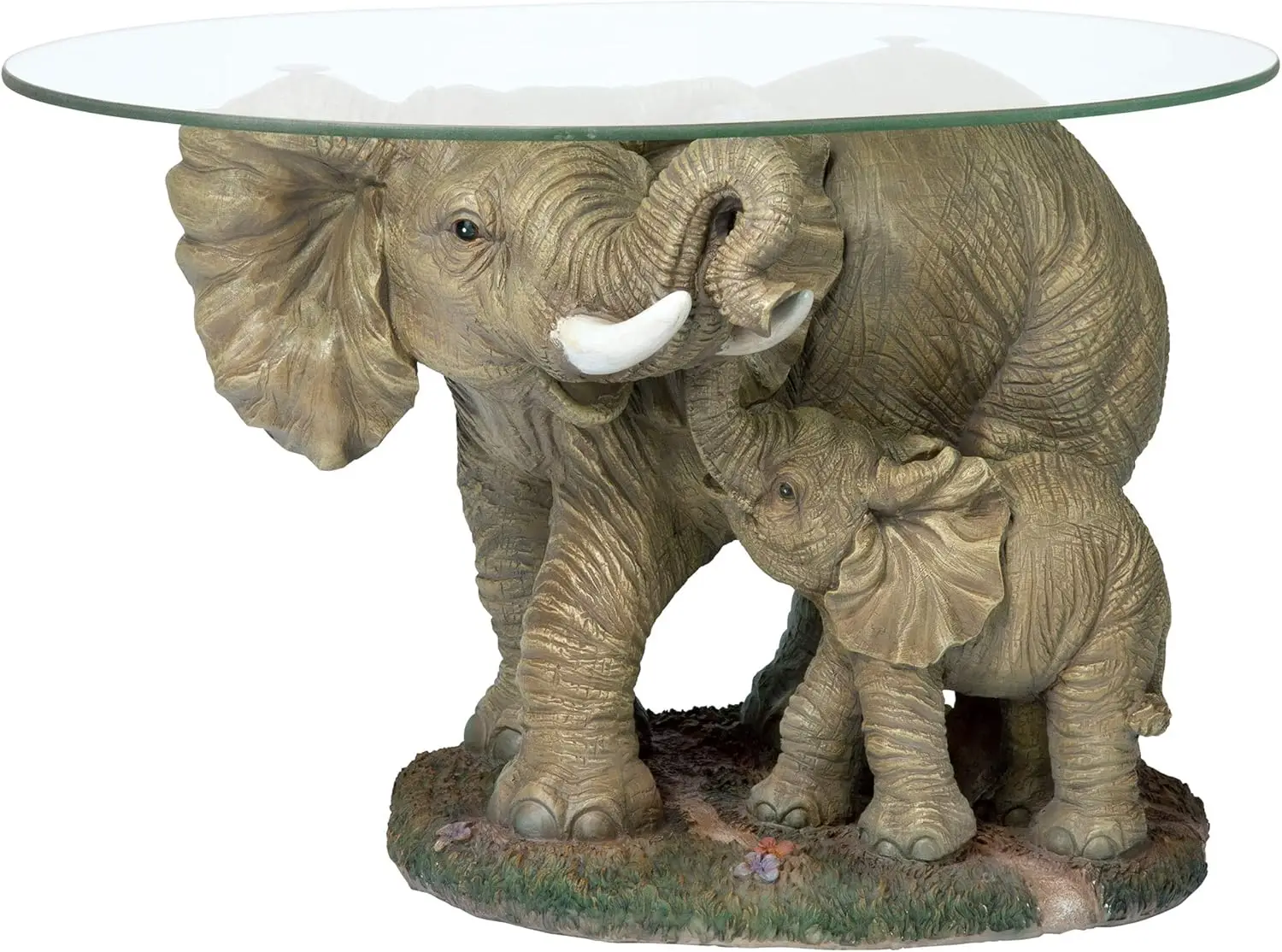 Elephant's Majesty Glass-Topped Coffee and Cocktail Table, 30 Inches Wide, 18 Inches Deep, 18 Inches High, Full Color Finish