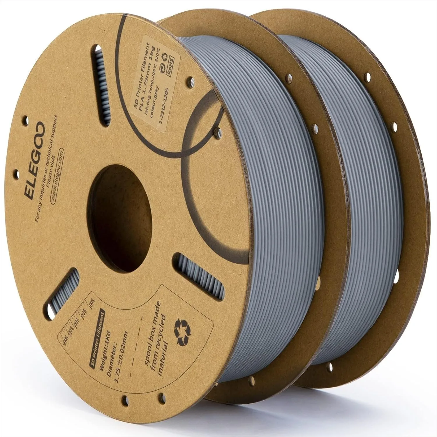 PLA Filament 1.75mm Gray 2KG, 3D Printer Filament Dimensional Accuracy +/-0.02mm, 2 Pack 1kg Spools for FDM Printers