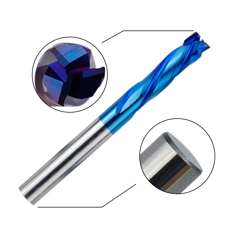 End Mill 3 Flute Up Down Cut Milling Cutter 3.175/4/5/6/8/10/12mm Shank CNC Router Bits Nano Blue Coated Carbide for Aluminum