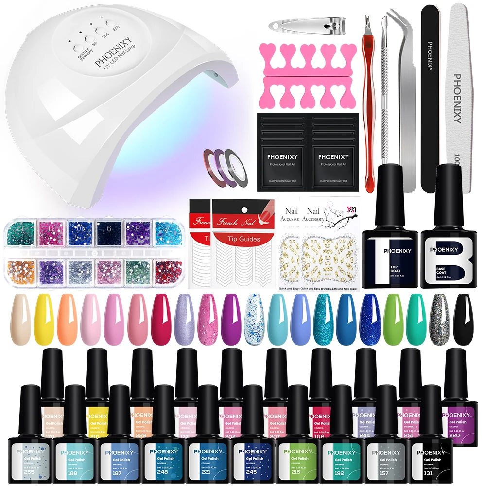 

PHOENIXY Gel Nail Polish Set with UV LED Nail Lamp Color Gel Polish Kit Semi Permanent Gel Varnish Base&Top Coat Nail Tools Set