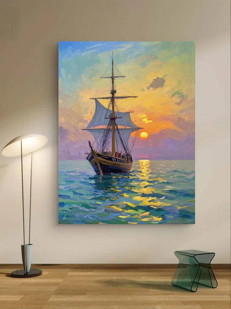 

Hand painted Seascape oil painting,Modern sailboat wall art,handcrafted nautical decor for living room,unique home decoration