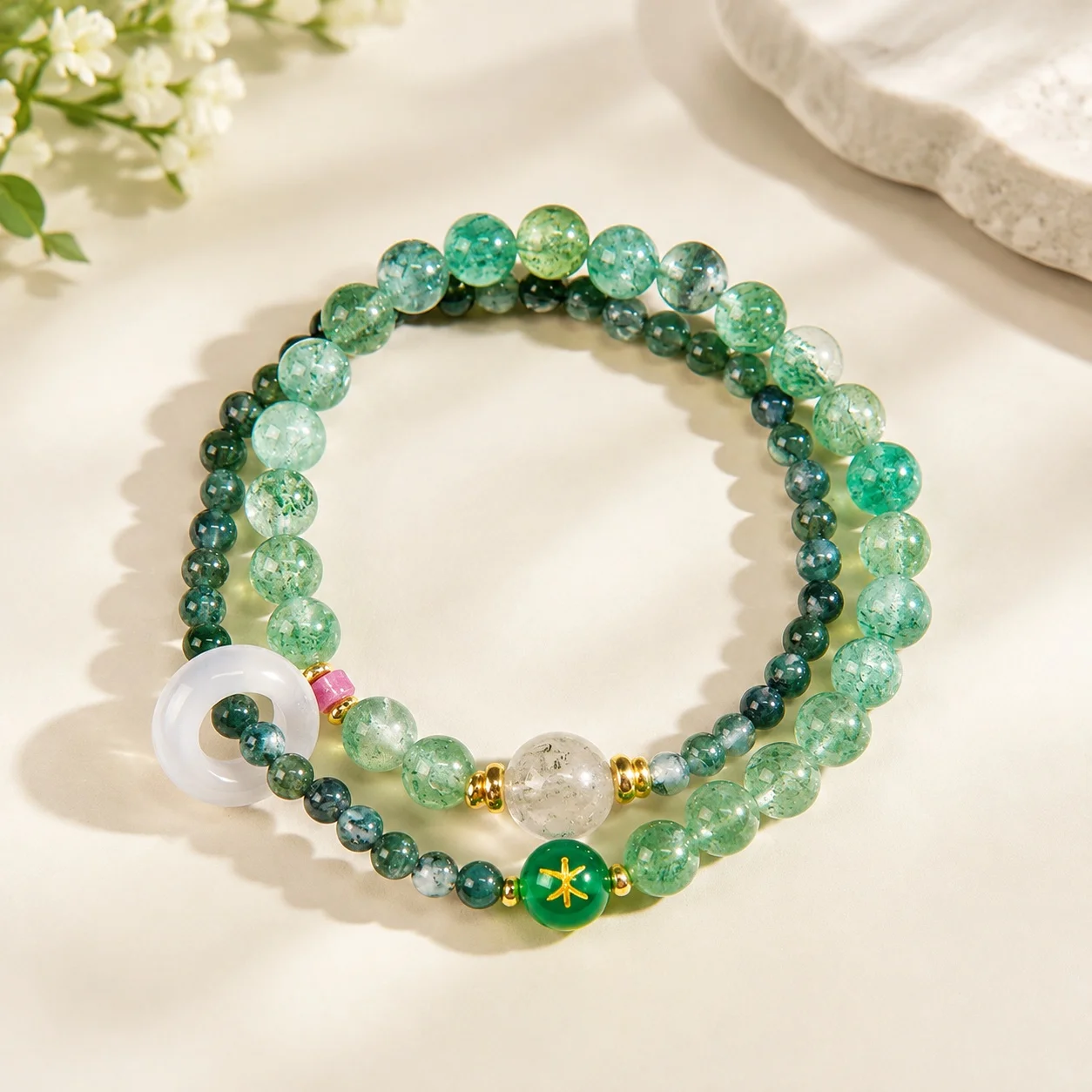 Double Circle Beaded Bracelet with Five Elements Theme Feng Shui Symbolism in Green Agate Strawberry Crystal