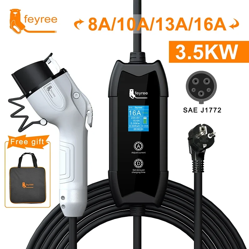 Feyree EV Cargador portátil Type2 / GB/T Conector 16A 1 fase 3.5KW Type1 3.5m Estación de carga Wallbox para vehículo eléctrico