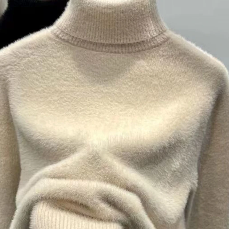 Suéter de cuello alto para mujer, Top de visón sintético para mujer, camisas de fondo cálidas y gruesas de felpa sólida, prendas de punto básicas, jerséis térmicos