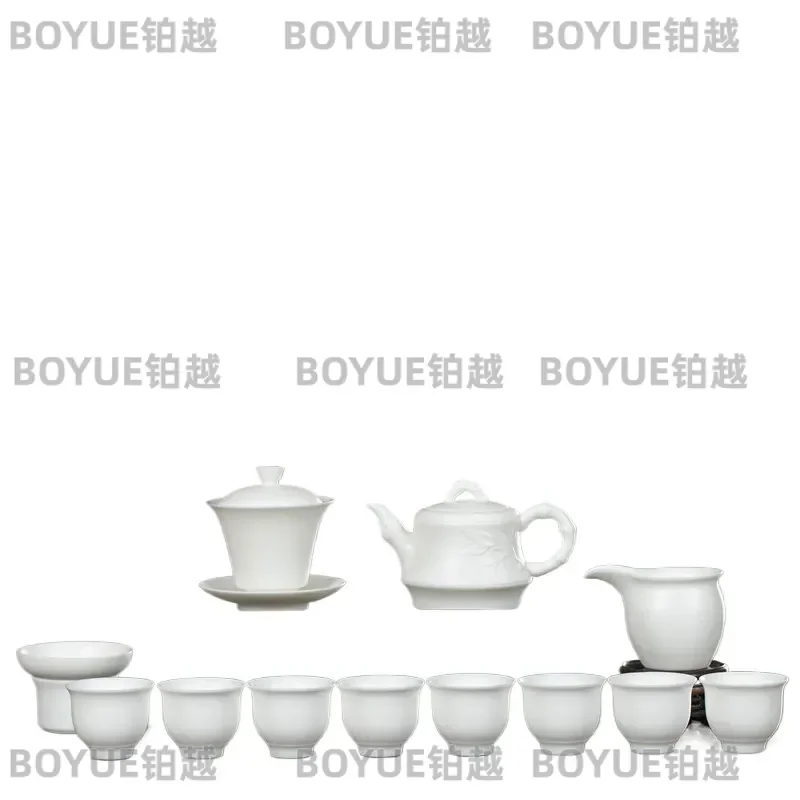 13 sets of suet jade porcelain plain-fired pure white tea set