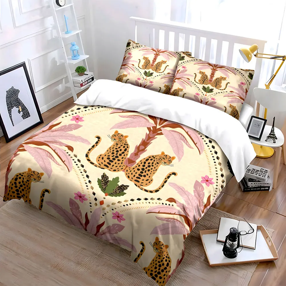 Leopard Tropical Pattern Decor Set Bedding Set with 1 Duvet Cover 2 Pillowcases Single Double King Queen, Gift