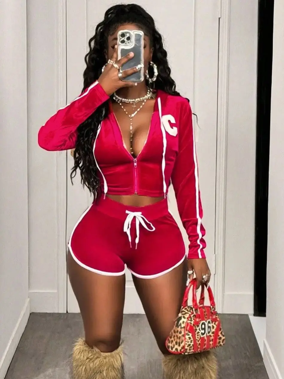 Weird Puss Velvet 2 Piece Set Women Tracksuit Zip Embroidery Letter Hooded Jacket+Shorts Casual Sporty Street Matching Outfits