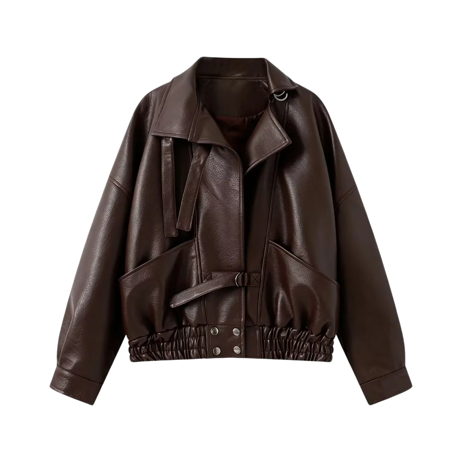 BSAY 2026 Neue Damen Vintage Mode Kunstleder-Motorradjacke mit Reverskragen, Gürtel-Dekor, Taschen, Elastischem Saum, Lässiger Kurzer Mantel – Detail 5