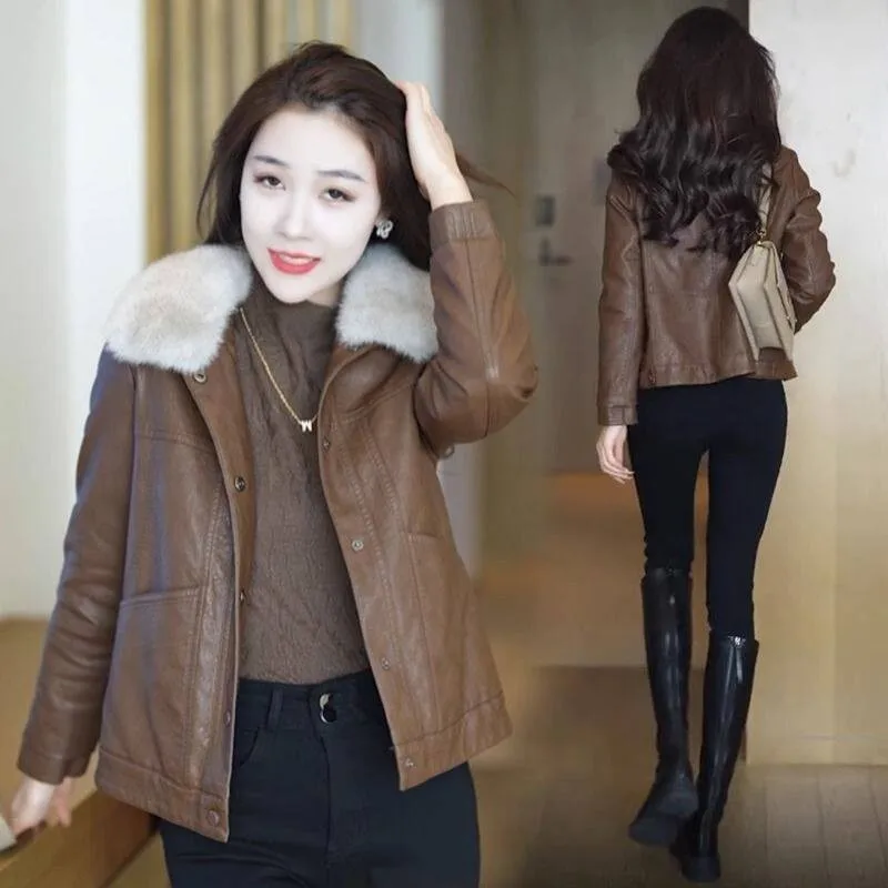 Ladies Biker Style Fleece Lined Thickened Winter Warm Cold Resistant Detachable Fur Collar Leather Jacket Motorcycle Clothes ...