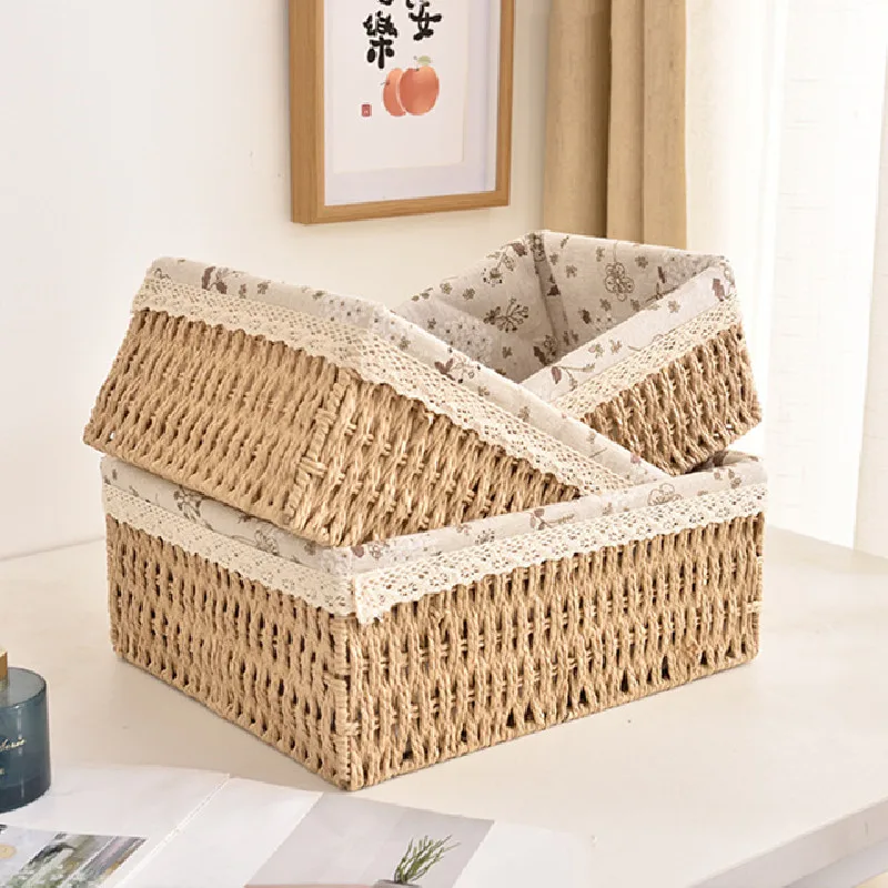 Woven Storage Baskets with Lid Handmade Rattan Box Desktop Sundries Organizer Food  Book Snack Picnic Basket Wicker Baskets