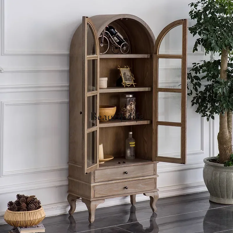 

American light luxury solid wood round top cabinet French retro wine cabinet