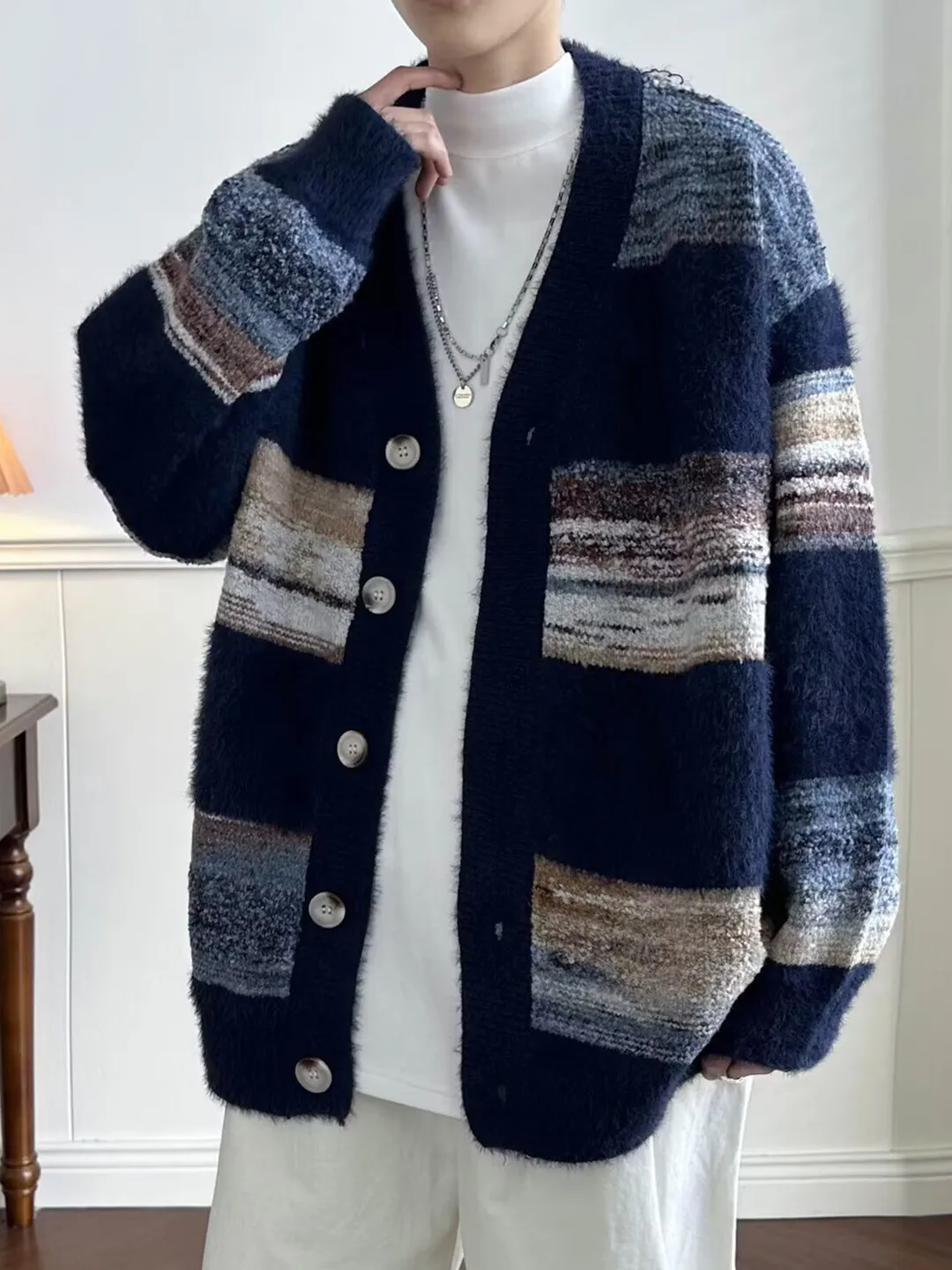 

Открытый кардиган в полоску в американском стиле ретро, мужской свободный универсальный ленивый свитер с v-образным вырезом, цветная верхняя одежда Blo