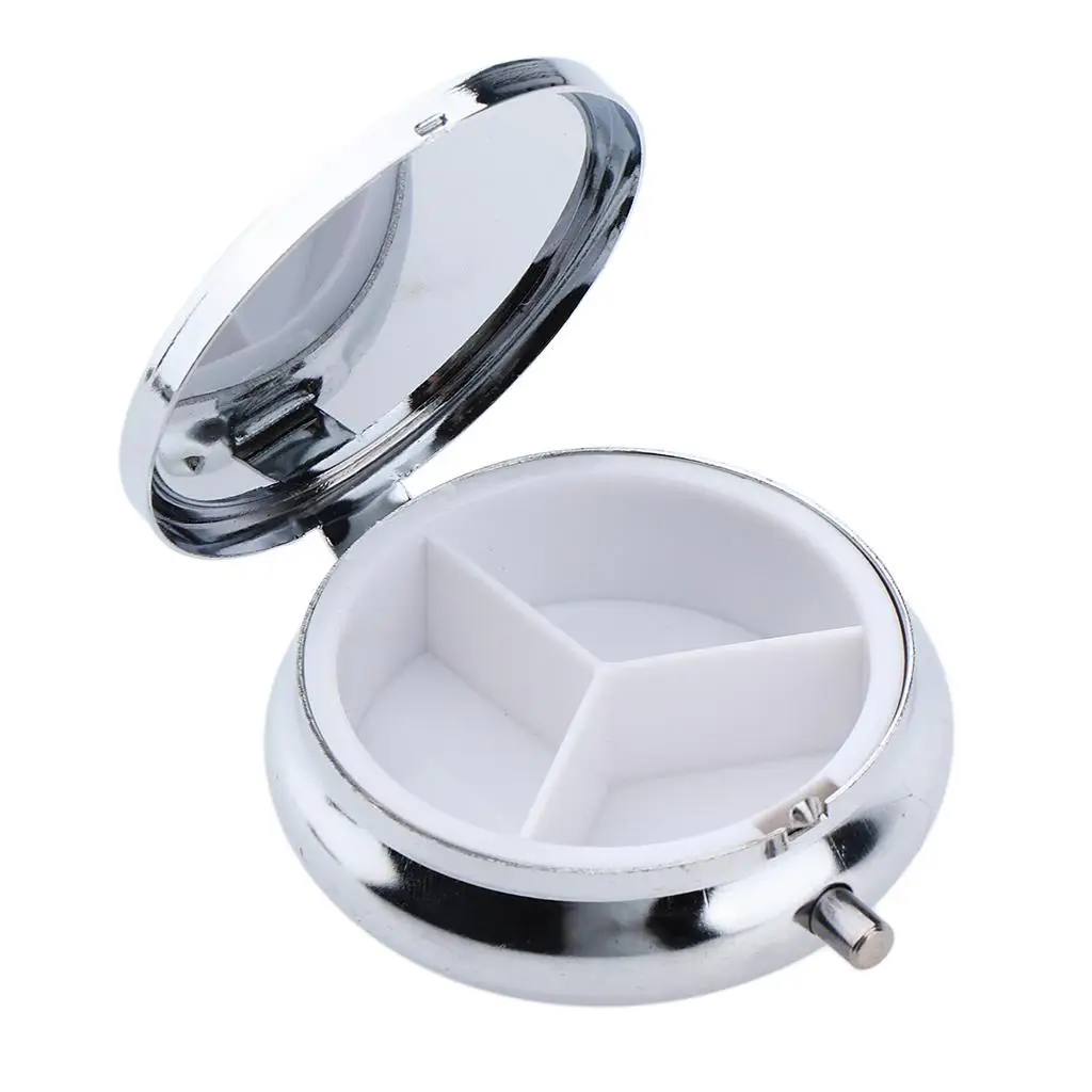 Small Pill Case for Purse Pretty Metal Pillbox 3 Compartments Daily Medication Organizer with Mirror Travel