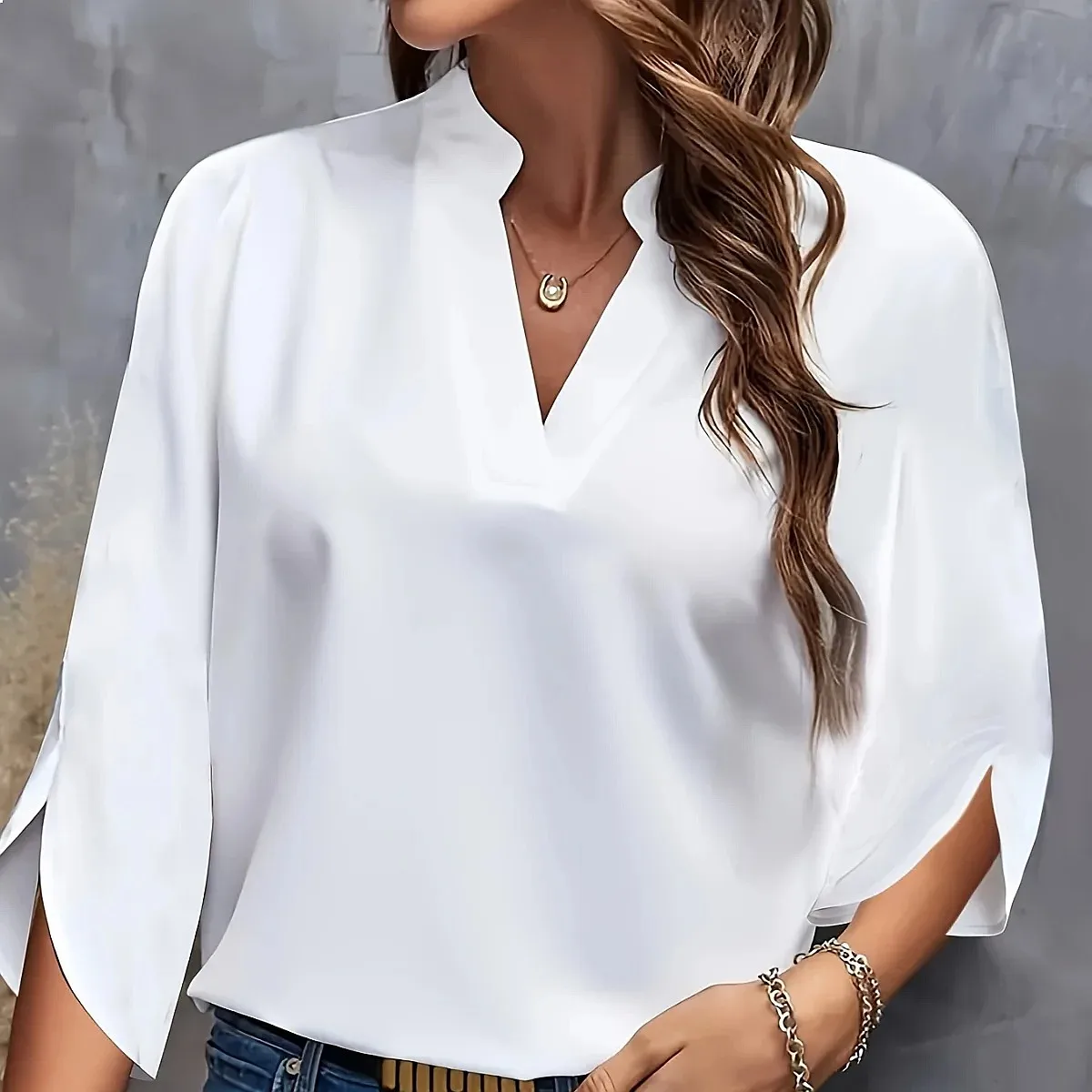 

Plus Size Summer V-Neck Women's Blouses Solid Color Loose Short Sleeve Casual Elegant White Office Lady Tops