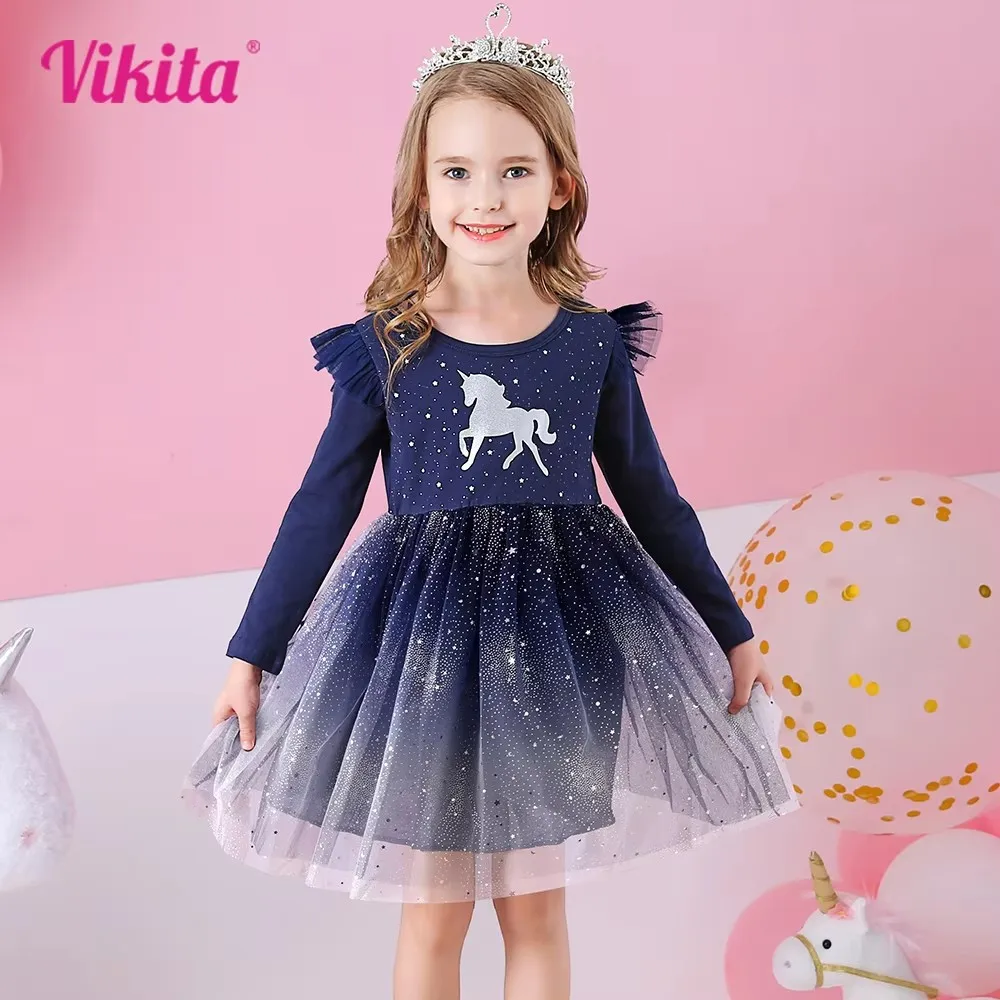 VIKITA Kids Unicorn Dresses for Girls Birthday Party Prom Gown Princess Dress Kids Long Sleeve Spring Autumn Dress Girl Clothes