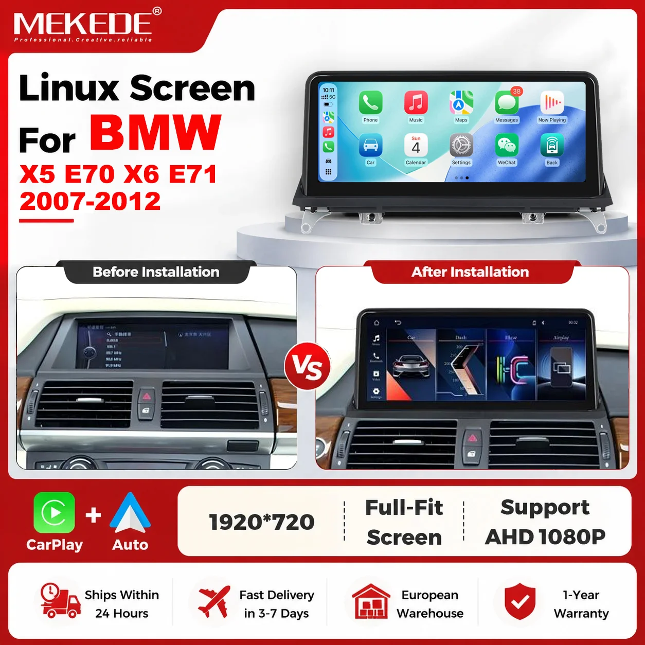 Autoradio MEKEDE EU Warehouse avec écran Linux 10,25 pouces pour BMW X5 E70 X6 E71 E72 2007-2012, système CCC CIC, CarPlay sans fil, Android Auto, Bluetooth, RDS, FM, 2Din, stéréo, GPS, navigation, unité centrale multimédia pour voiture
