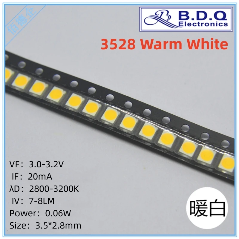 

3528 Warm White LED Lamp Beads SMD LED Light Size 1210 Light-emitting Diode High Bright Quality 100pcs