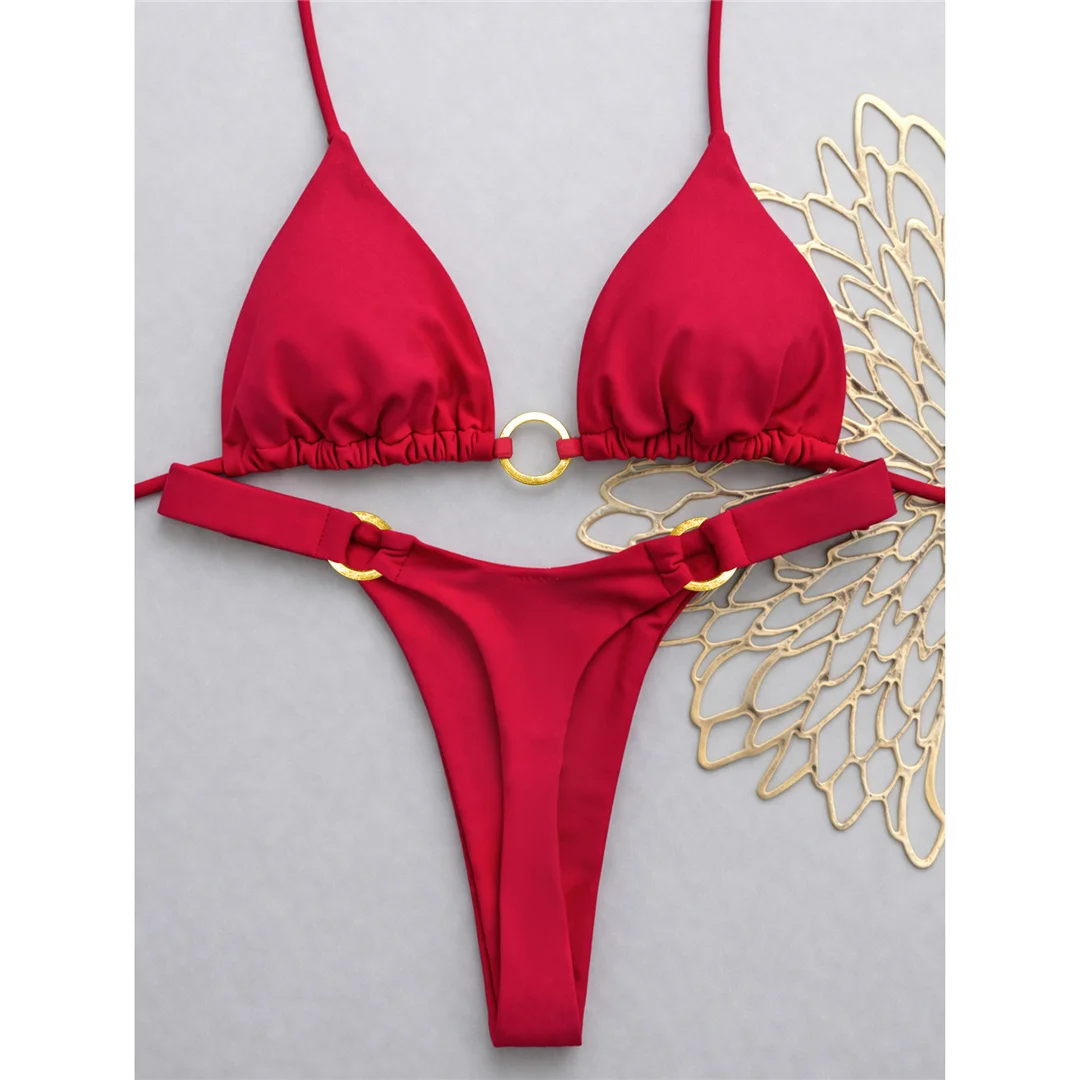 XS - L Halter-Bikini mit Metallring, Mini-Tanga, Damen-Badeanzug, zweiteiliges Bikini-Set, Badebekleidung, Badeanzug, Modell V8107 – Detail 4