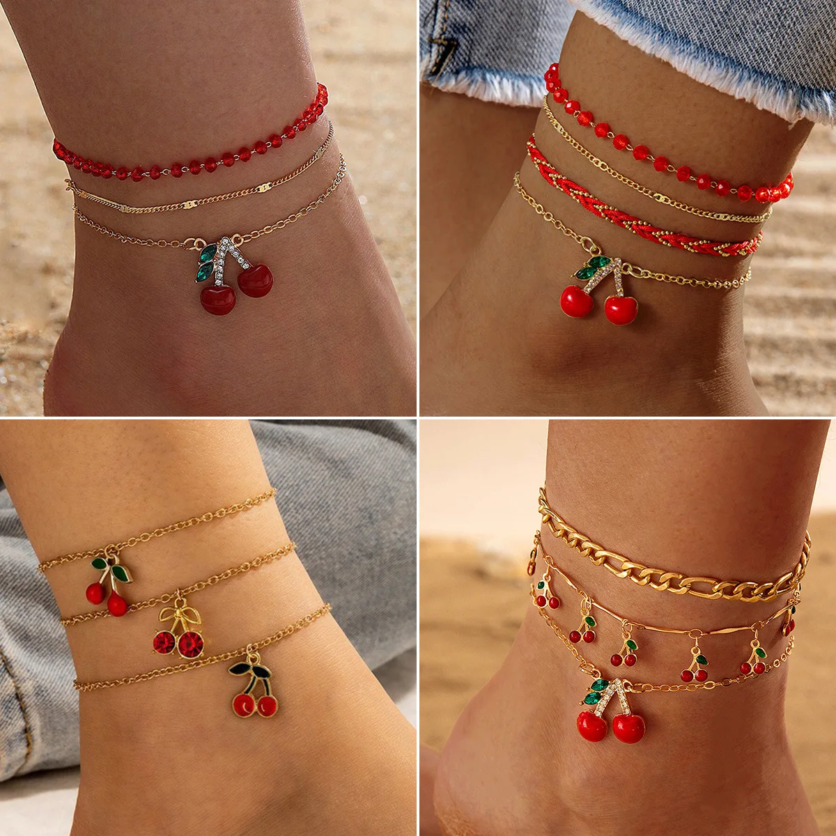 Red Bead Beaded Multi-layer Foot Ornament Diamond-encrusted Cherry Cherry Foot Chain Three-piece Set Jewelry High-grade Sense