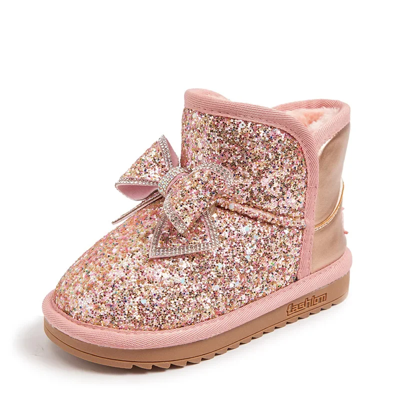 Children Princess Boots Girls Butterfly Knot Glitter Sequin Snow Warm Shoes Thickened Velvet Shoes Soft Bottom Non-slip Boots