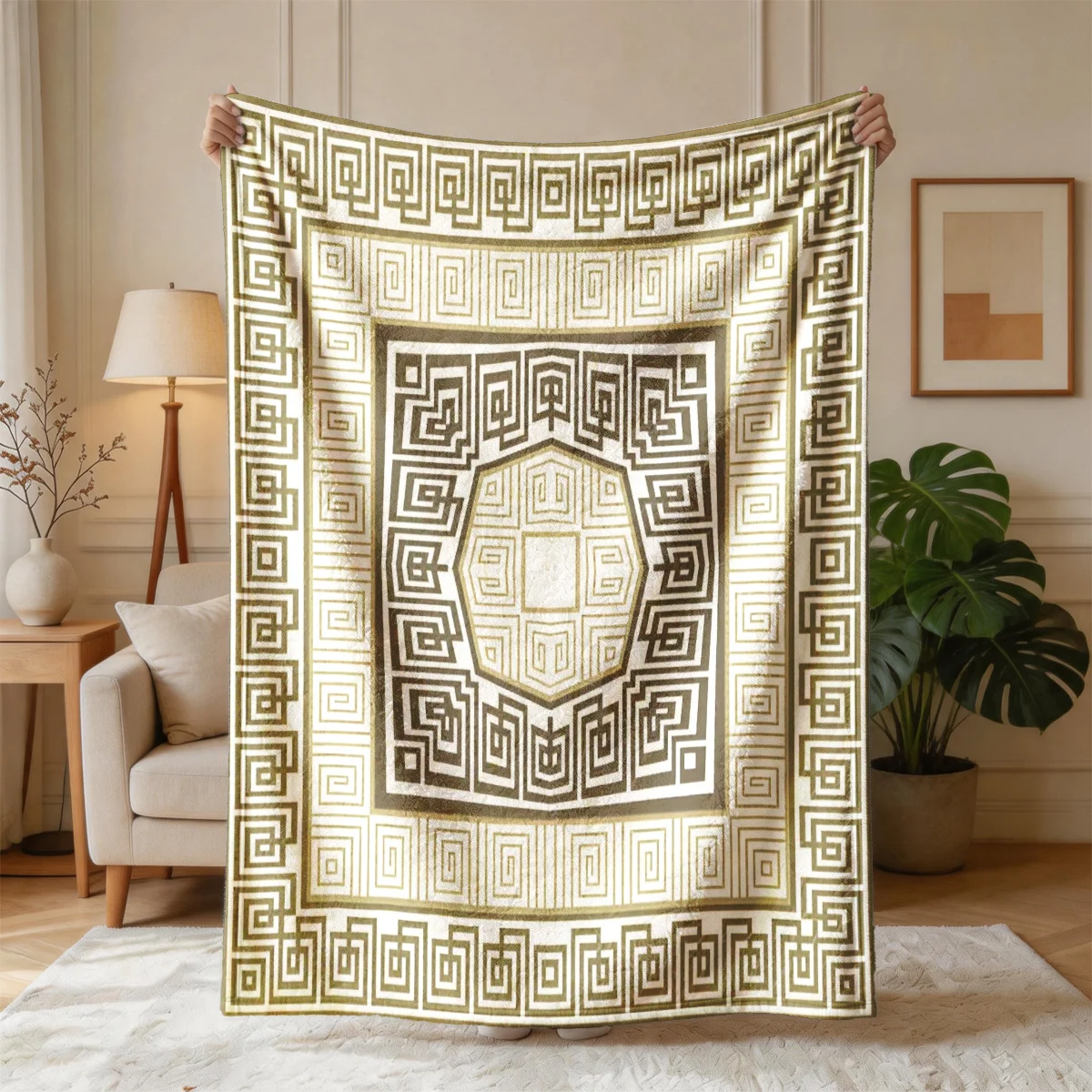 Bohemian Moroccan Gold Geometric Throw Blanket Tapestry Wall Decor Knit Cozy Chunky Sofa Cover Art
