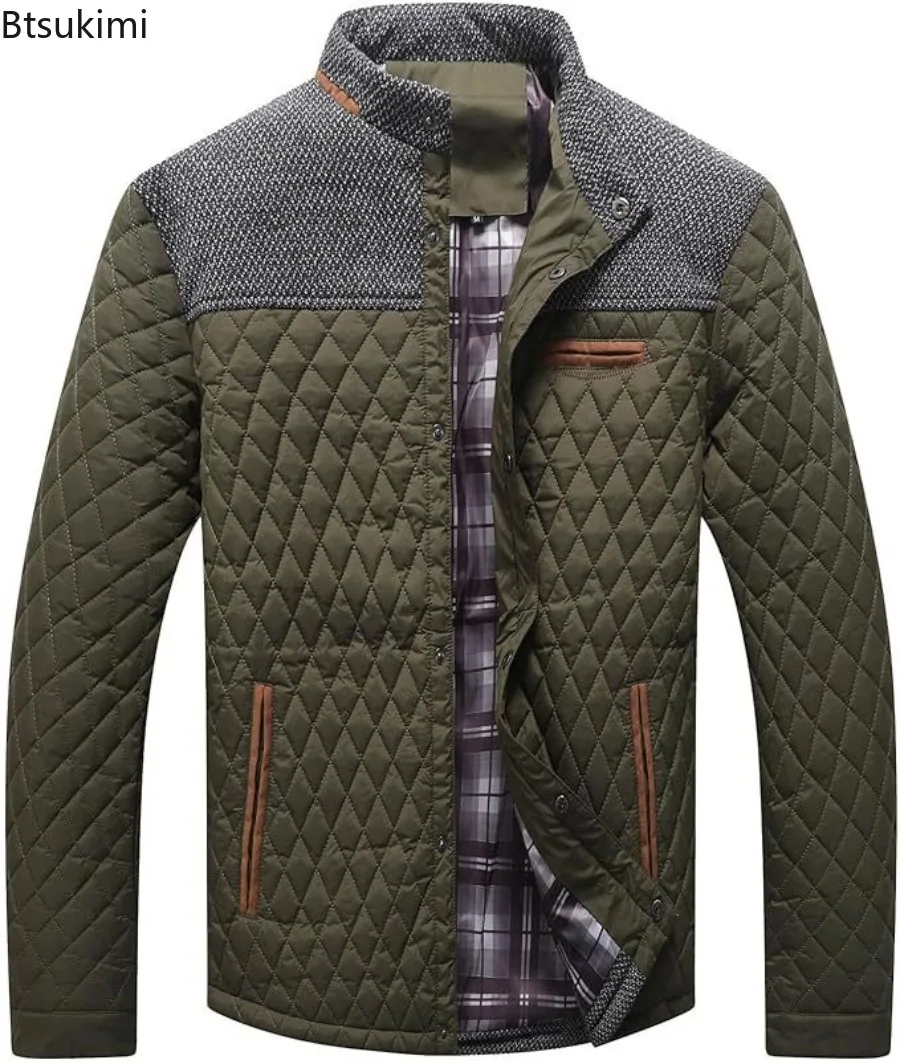 Men's Cotton-padded Clothes Jackets Casual Bomber Coat High Quality Diamond Quilted Puffer Down Lightweight Casual Button Down