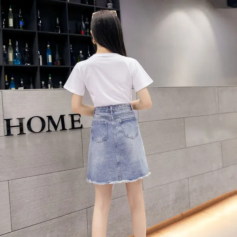 Mini Commuting Denim Kawaii 2 Pieces Sets for Women Embroidered Short Sleeve Woman Outfit Lightly Cooked Skirt Sequin Party Full