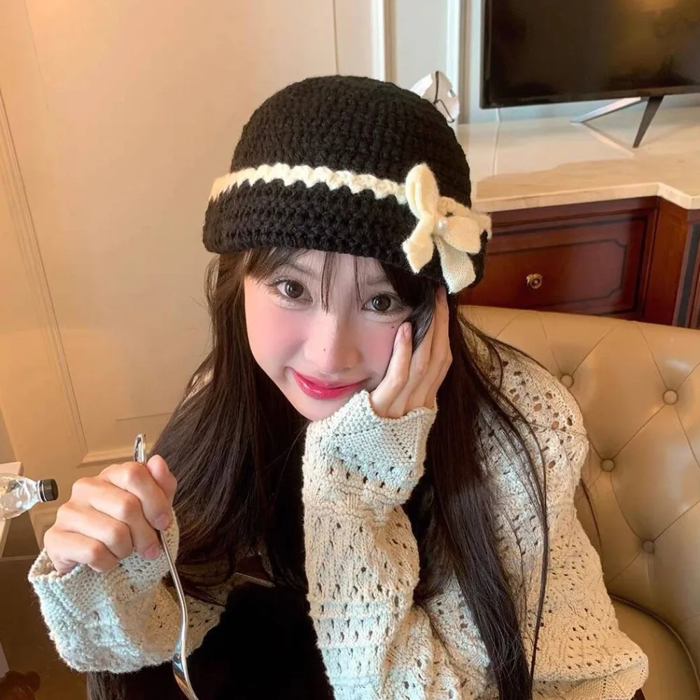 

Милая вязаная шапка с цветочным крючком в корейском стиле, милая шапка с цветочным плетением, теплая шапка ручной работы с бантом для девочек