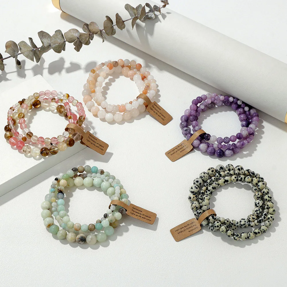 4 6 8mm Natural Stone Beads Bracelets Set For Men Women Handmade Jasper Stone Elastic Bracelet Couple Anniversity Jewelry - view 5