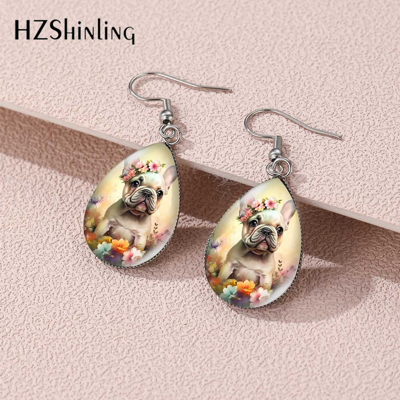 2024 New Fashion Funny Cute Bulldog Dog with Flowers Tear Drop Fish Hook Earrings Handmade Stainless Steel Jewelry Earrings
