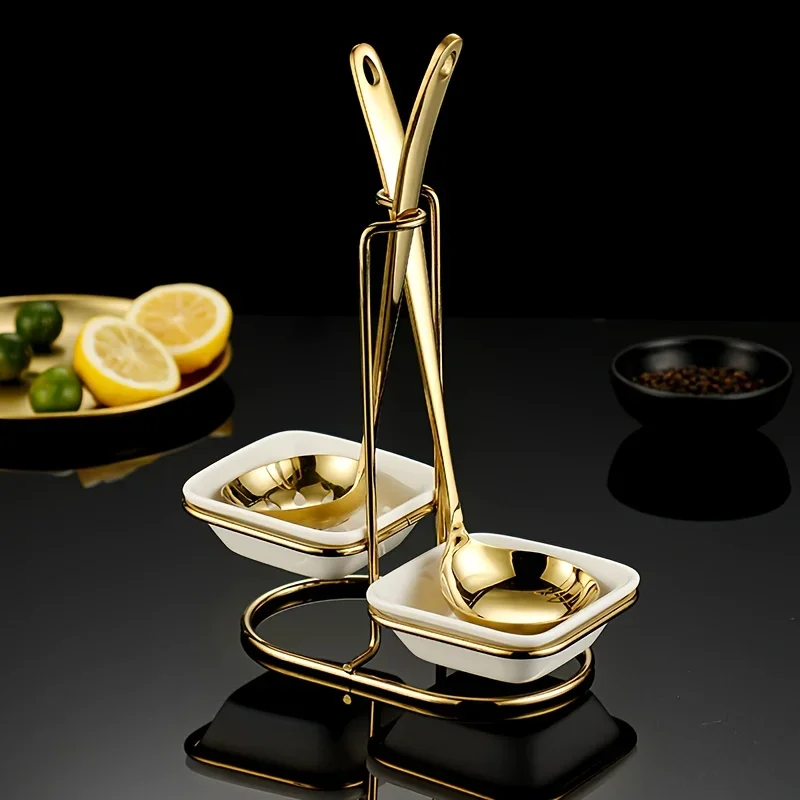 Light Luxury Stainless Steel Spoon Holder Easy To Clean Multifunctional Kitchen Utensil Holder Ceramic Tray Kitchen Tools