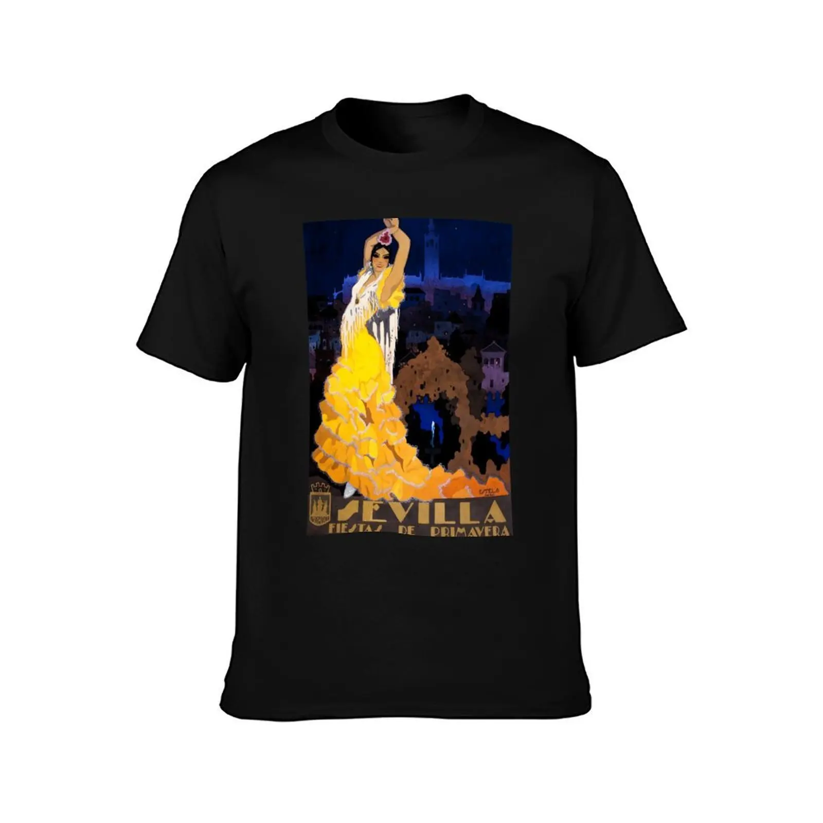 Vintage Seville Spain Travel Poster | Flamenco Dancer T-Shirt Basic Regular Fit Casual T-Shirt