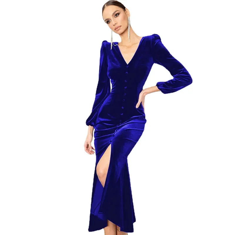 Elegant Sexy Long Sleeve V Neck Button Slim Slit Evening Graduation Gala Long Dress Robe Autumn Winter Women Corset Party Dress