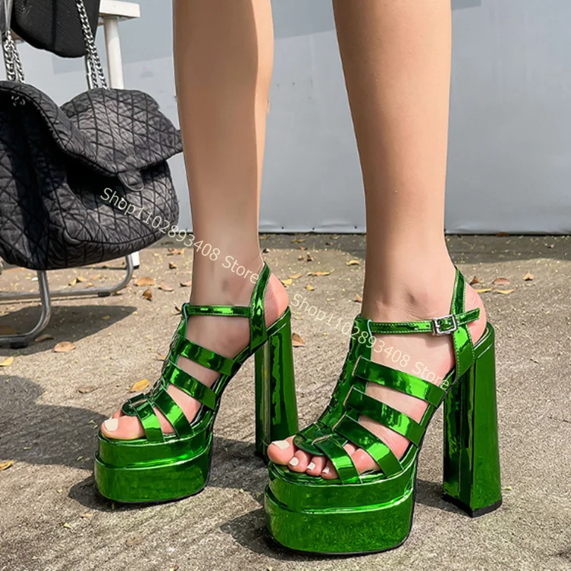 

Open Toe Platform Patent Leather Sandals Buckle Strap Roman Chunky High Heels Women Summer Dress Shoes 2023 Zapatos Para Mujere