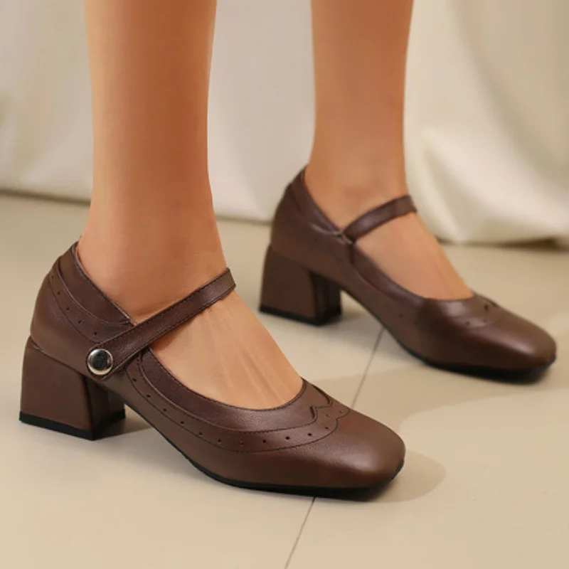 

Женские туфли-лодочки с квадратным носком на массивном каблуке 5,5 см, с пряжкой и ремешком, большие размеры 46, 47, 48, женская повседневная обувь Мэри Джейн, весна
