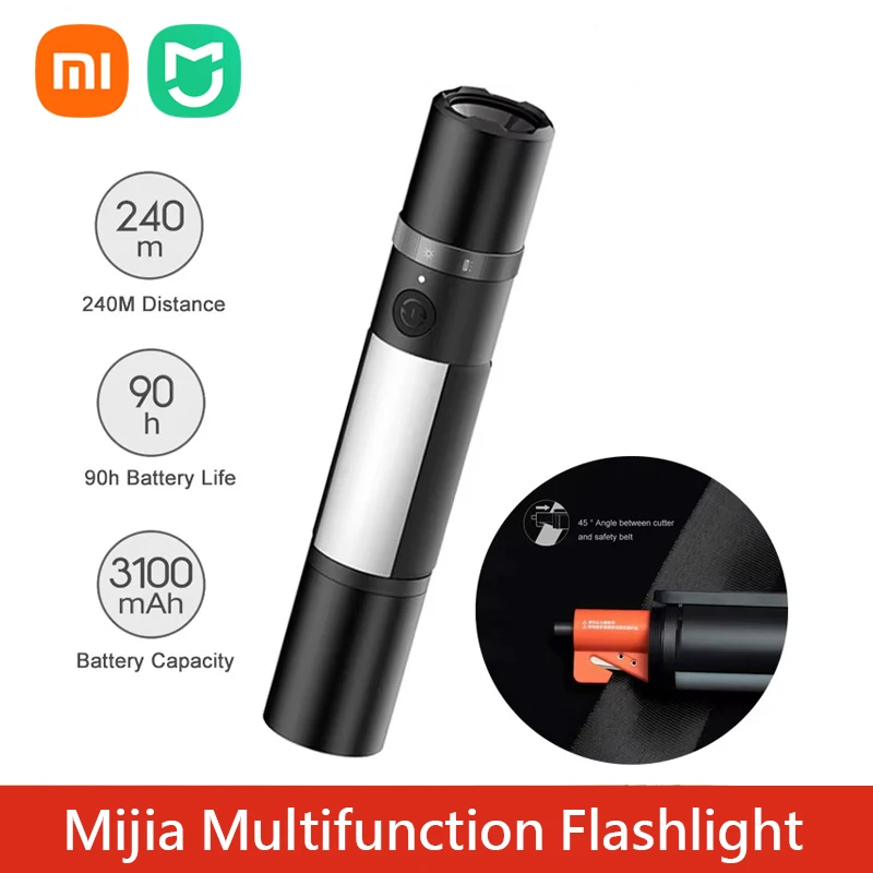 Xiaomi Mijia Multi-functional Zoomable Ultra Bright Torch Window Breaker Safety Belt Cutter Car Emergency Light LED Flashlight